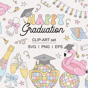 Leuke retro groovy pastel afstuderen partij clipart set vaarwel school afstudeerhoed voor sublimatie, uitnodigingen, stickers en digitale ambachten