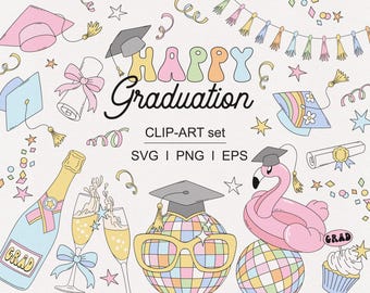 Cute Retro Groovy Pastel Graduation Party Clipart Set Goodbye School Grad Hat for Sublimation, Invitations, Stickers & Digital Crafts