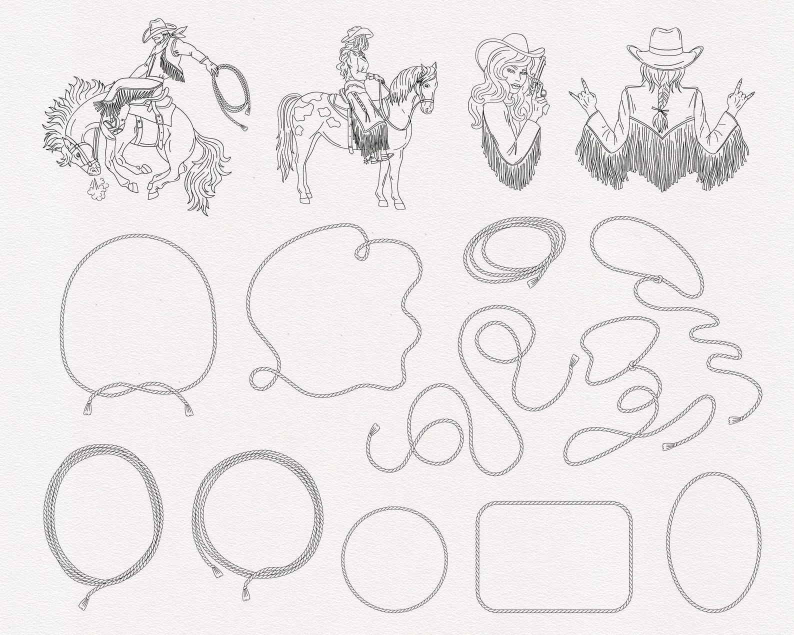 Western R Outline Wild West Outline Bundle, Cowboy Cowgirl Linear Clipart, Western ...