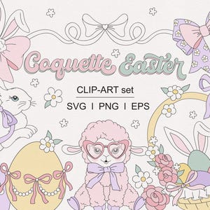 Pastell Girly Kokette Ostern Süß Häschen Küken Schaf Band Bogen Blume Ostereier Jagd Clipart Sublimationsset PNG SVG digitaler Download
