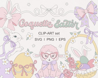 Pastel Girly Coquette Easter Cute Bunny Chick Sheep Ribbon Bow Flower Easter Eggs Hunt clipart sublimatie set PNG SVG digitale download