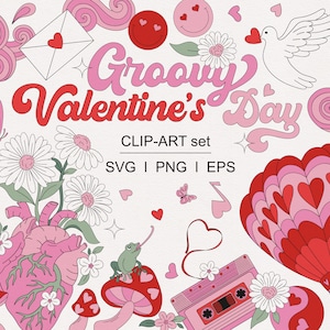 Retro jaren 60 70 Groovy hippie Valentijnsdag liefde vrede smiley paddo's hart Daisy liefde pillen clipart set individuele PNG SVG digitale download