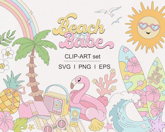 Cute Coquette Beach Girl Clipart Set | Pastel Summer Aesthetic PNG | Bikini, Bow, Hat, Surf Girl, Shell | Cute Feminine Coastal Graphics