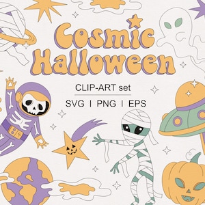 Espacio exterior cósmico Halloween galaxia extraterrestre ovni fantasma calabaza planeta astronauta esqueleto clipart conjunto PNG SVG descarga digital