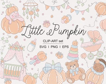 Clipartset kleine pompoen | Grafische babyshower herfst | Pasgeboren herfst-png's | Schattige pompoenen, baby-elementen, scriptletters, kaders Clip Art