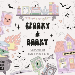 May include: A whimsical Halloween-themed clip art set featuring a variety of spooky elements. Includes books with jack-o'-lantern and skull designs, ghosts, bats, a haunted house bookstore, and the text "Spooky & Booky".