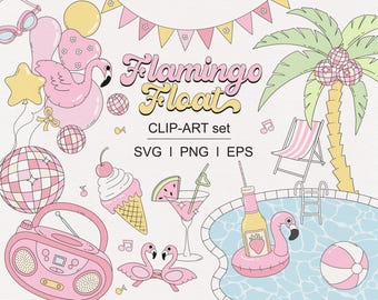 Clipart de festa na piscina rosa com flamingo flutuante – Conjunto PNG retrô de verão para convites, sublimação, adesivos e artesanato digital