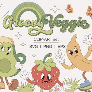 Groovy Retro Cartoon Veggies Berries Obst Charakter Happy Garden Clipart-Set PNG SVG digitaler Download