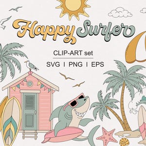 Retro Groovy Surfing Summer Beach, Surfboard, Palm, Sun, Shark, Happy Surfer, Surfing car clipart sublimation set PNG SVG digital download
