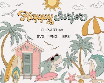 Retro Groovy Surfing Summer Beach, prancha de surfe, palmeira, sol, tubarão, surfista feliz, conjunto de clipart de carro de surfe para sublimação PNG SVG download digital