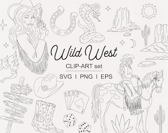 Könnte beinhalten: Schwarz-weiß Clip-Art-Set mit Wildwest-Thema. Enthält eine Cowgirl, ein Pferd, eine Schlange, eine Wüstenlandschaft, Cowboy-Stiefel, Spielkarten, Würfel und ein Hufeisen. Der Text "Wild West" ist ebenfalls enthalten.