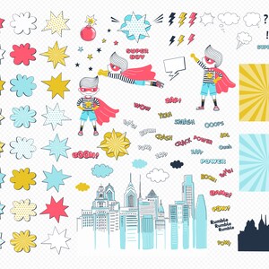 May include: A set of colorful comic book style illustrations featuring a superhero boy, speech bubbles, stars, and city skyline. The text includes "Super Boy", "Boom!" and "Rumble Rumble Rumble".