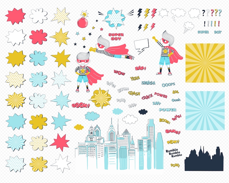 May include: A set of colorful comic book style illustrations featuring a superhero boy, speech bubbles, stars, and city skyline. The text includes "Super Boy", "Boom!" and "Rumble Rumble Rumble".