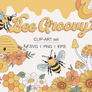 Groovy Hippie Bee Hommel Honey Hive Bee accessoires Bee snoep woestijnen Retro gele bloem clipart set PNG SVG digitale download