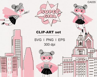 Set di clipart digitali Super Hero Girl SVG PNG da scaricare Pacchetto di clipart di personaggi di bambole di fumetti Pop art di Super Girl carina Uso commerciale