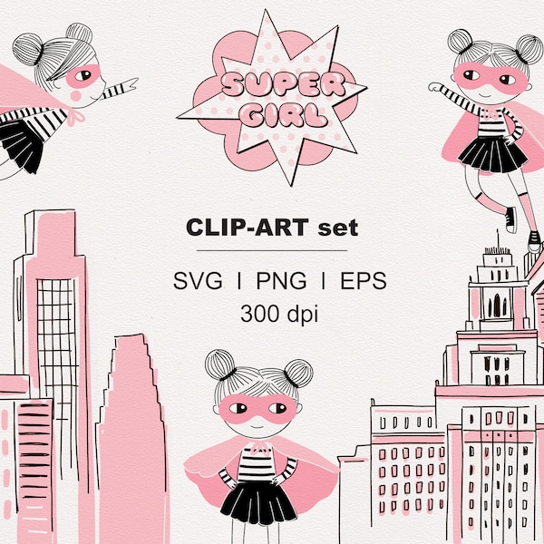 Super Hero Girl digital clipart set SVG PNG download Cute Super Girl Pop art Comics doll character clipart pack Commercial use