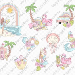 Peut inclure: Ensemble d'illustrations aux couleurs pastel sur le th&egrave;me de la plage et de l'&eacute;t&eacute;. Comprend un surfeur, un arc-en-ciel, une cabane de plage, un flamant rose gonflable, un coquillage, une planche de surf, un van de plage et un sac de plage.