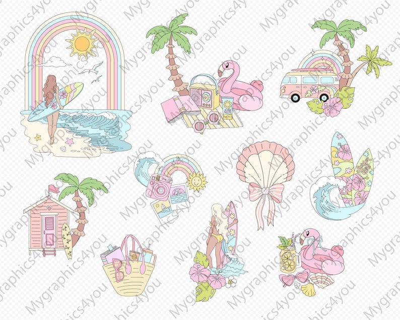 Peut inclure: Ensemble d'illustrations aux couleurs pastel sur le th&egrave;me de la plage et de l'&eacute;t&eacute;. Comprend un surfeur, un arc-en-ciel, une cabane de plage, un flamant rose gonflable, un coquillage, une planche de surf, un van de plage et un sac de plage.