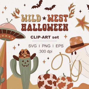 Conjunto de imágenes prediseñadas de estampado de vaca, vaquero, fantasma, extraterrestre, país, calabaza, cactus espeluznante, calavera, archivos digitales PNG SVG individuales, elemento