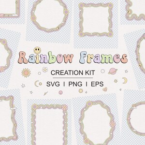 Conjunto de Clipart de Molduras Arco-Íris | Kit para Criar Molduras Incríveis | Molduras Onduladas Retrô com Efeito Arco-Íris | Etiqueta e Fundo Editáveis | Kit para Scrapbook, Canva e Cartões