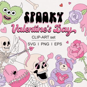 Spooky Pastel Goth Creepy Valentines Day Ghost Skeleton Cupid Scull Heart Vamp Lips Anti Valentines Day clipart set PNG SVG digital download