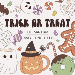 Halloween Süßes oder Saures Pfefferminz Süßigkeiten Lebkuchen Keks Donut Cupcake Eis Getränk Fast Food Clipart-Set PNG SVG digitaler Download