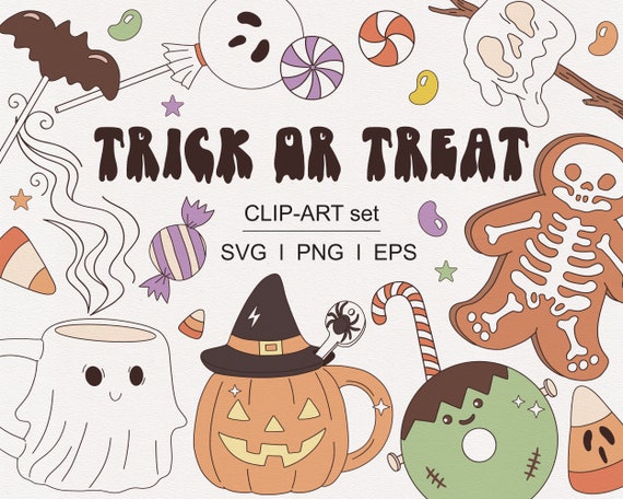 Halloween Trick or Treat Peppermint candy Gingerbread cookie Donut Cupcake Ice cream Drink Fast food clipart set PNG SVG digital download