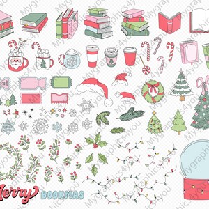 May include: A set of colorful Christmas-themed digital clipart featuring illustrations of books, candy canes, wreaths, snowmen, snowflakes, holly, Christmas lights, a snow globe, and the text "Merry Bookmas".