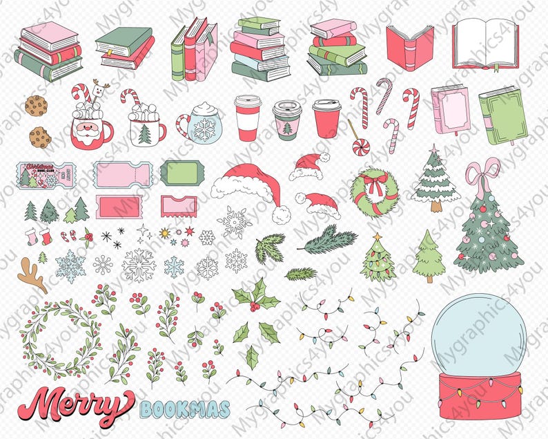 May include: A set of colorful Christmas-themed digital clipart featuring illustrations of books, candy canes, wreaths, snowmen, snowflakes, holly, Christmas lights, a snow globe, and the text "Merry Bookmas".