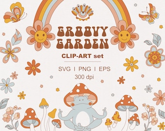 Retro anni '60 e '70 Pace Amore Groovy Hippie Flower Power Bambino Arte psichedelica set di clipart File digitali PNG SVG individuali Elementi del logo