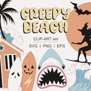 Halloween Spooky Creepy Beach Season Goth Summer Vacation Surf Wave Salty Witch Skeleton Mermaid Ghost clipart set PNG SVG digital download