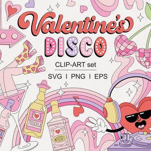 Groovy Valentinstag Disco Party Cupid Dance Dj Alkohol Getränke Licht Festzelt Retro Herz Charakter Clipart-Set PNG SVG digitaler Download