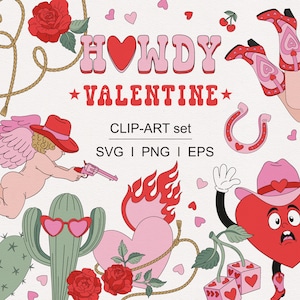 Retro Western Hola Día de San Valentín Vaquero Cupido Corazón caricatura Amor Suerte Pistola Fuego Rosa Cactus Estampado de vaca clipart set PNG SVG descarga digital