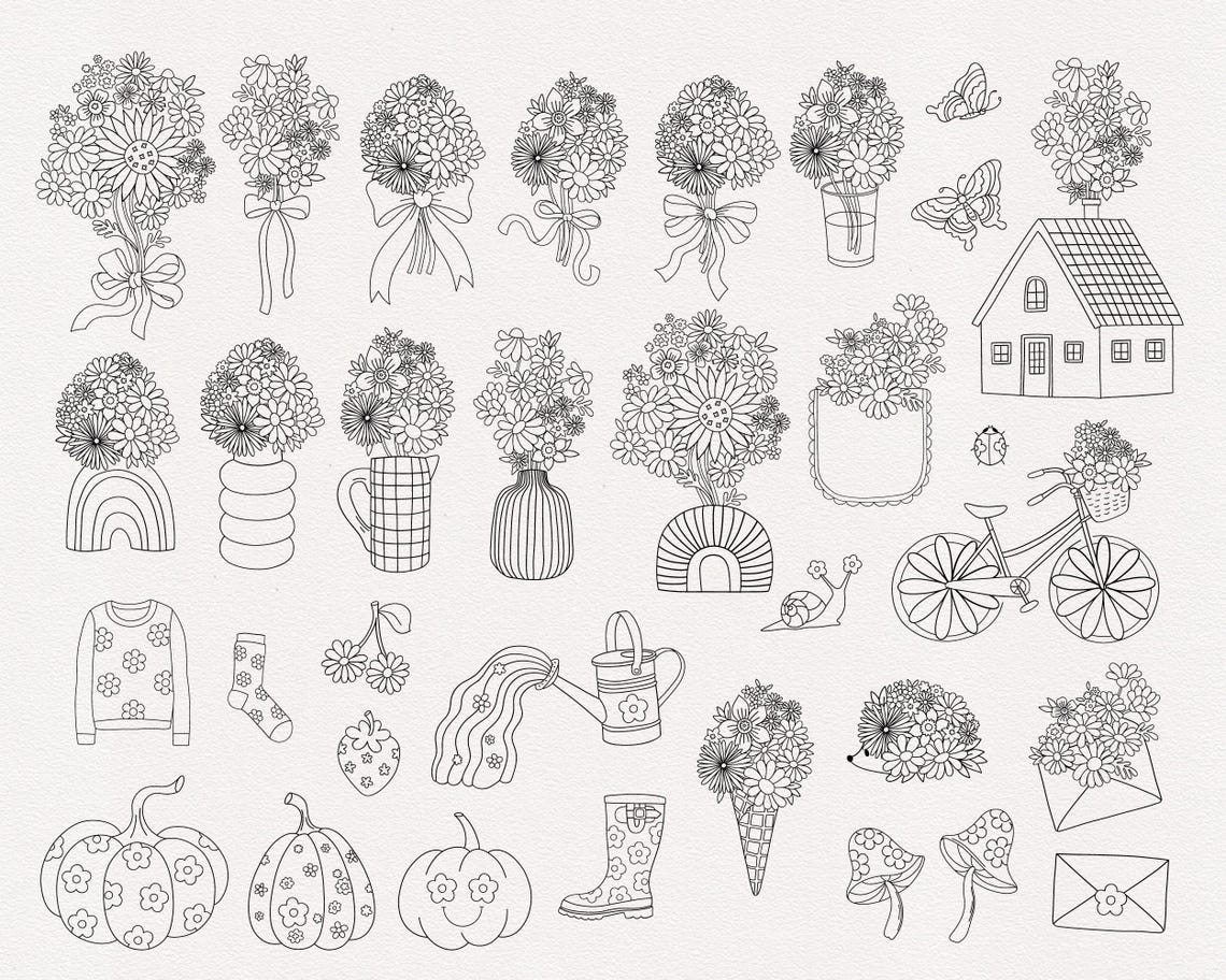 Retro 70s Flower Outline Clipart Set | Groovy Boho Floral Graphics ...