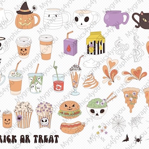 Des bonbons ou un sort d'Halloween Bonbons à la menthe Biscuit de pain d'épice Donut Cupcake Crème glacée boisson Fast food clipart ensemble PNG SVG image 3