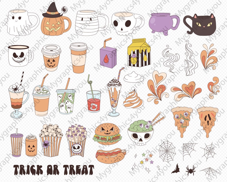 Des bonbons ou un sort d'Halloween Bonbons à la menthe Biscuit de pain d'épice Donut Cupcake Crème glacée boisson Fast food clipart ensemble PNG SVG image 3