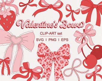 Trendy Preppy Girly Coquette Bow Cherry bow Strawberry bow Valentines Day Love clipart set PNG SVG digital download