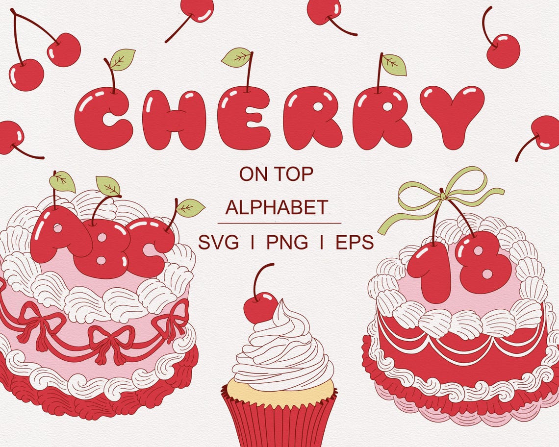 Cherry on Top Birthday Alphabet PNG | Cherry Monogram Letters & Numbers ...