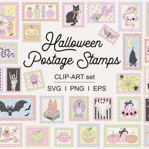 Ensemble de cliparts esthétiques rétro mignon pastel Halloween timbres-poste PNG autocollants pour la journalisation, le scrapbooking, les agendas numériques et l'art du collage