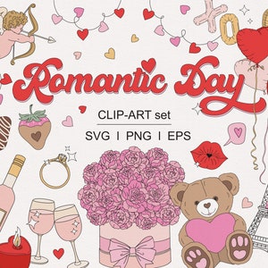 Conjunto de imágenes prediseñadas románticas y elegantes de San Valentín, París, amor, corazón, globo, rosa, oso de peluche, dulces, chocolate, fresa, PNG, SVG, descarga digital