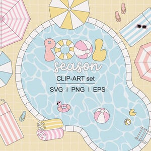 Retro pastel zwembad Resort clipartset, zomerse esthetiek aan het zwembad voor feestuitnodigingen, sublimatie, stickers, digitale download