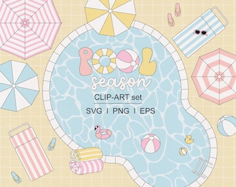 Retro Pastell Pool Resort Clipart-Set, Sommer am Pool Ästhetik für Party lädt ein, Sublimation, Aufkleber, digitaler Download
