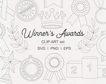 Winner Awards Outline Digital Stamps Bundle | Trophy Clipart, Medals, Award Rosettes, Reward Graphics, Certificate Elements PNG SVG