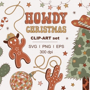 Western Christmas Cowboy Howdy Santa Gingerbread Man Cactus Cow impression arbre de Noël clipart ensemble individuel PNG SVG fichiers numériques élément