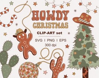 Western Christmas Cowboy Howdy Santa Gingerbread Man Cactus Cow print Christmas tree clipart set Individual PNG SVG digital Files Element