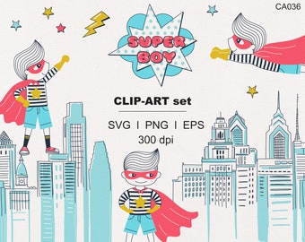 Set di clipart digitali Super Hero Boy in formato SVG PNG da scaricare Pacchetto di clipart di personaggi di bambole di fumetti Pop art di Super Boy per uso commerciale