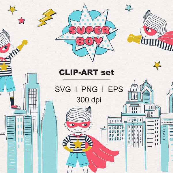 Super Hero Boy digital clipart set SVG PNG download Cute Super Boy Pop art Comics doll character clipart pack Commercial use