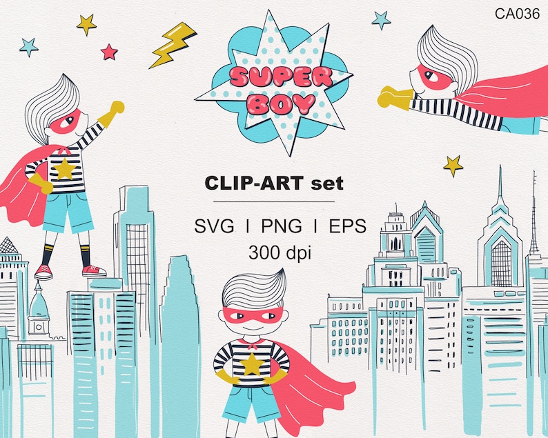 May include: A digital clip art set featuring a superhero boy in a red cape and a striped shirt. The set includes a speech bubble with the text "SUPER BOY", a cityscape, and three different poses of the superhero boy.