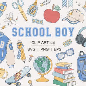 Könnte beinhalten: Eine Sammlung von Clip-Art-Elementen zum Thema Schule im Cartoon-Stil. Enthält eine blaue Collegejacke, eine Baseballkappe, einen Rucksack, einen Globus, ein Skateboard und den Text "SCHOOL BOY". Weitere Elemente sind ein Apfel, eine Schere und ein Bleistift.