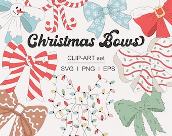 Trendy Girly Coquette Christmas Gingerbread Tree cake Santa Deer Candy cane Snowman Crinchmas Light Bow clipart set PNG SVG digital download